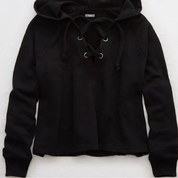 AERIE ~ Comfy Black Lace-Up Hooded Sweatshirt ~ Cropped Length ~ Size X-Small - Picture 2 of 2